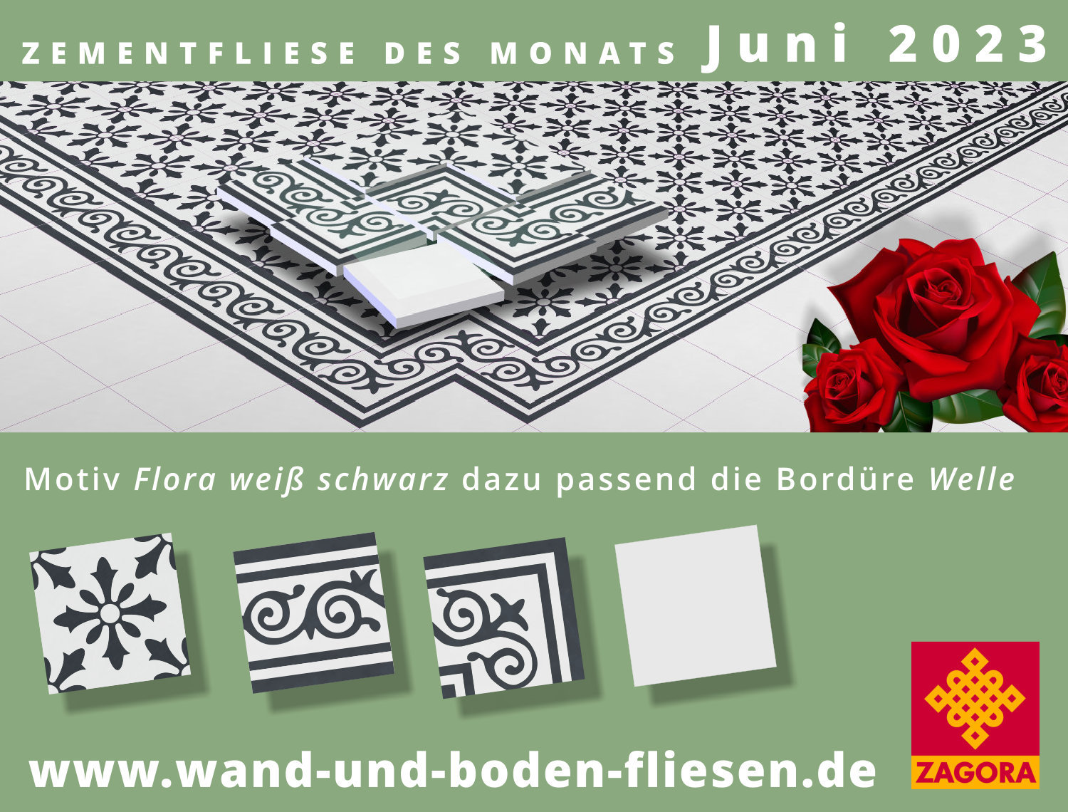 Fliese_des_Monats_2023-Juni-Flora_weiss_schwarz-banner